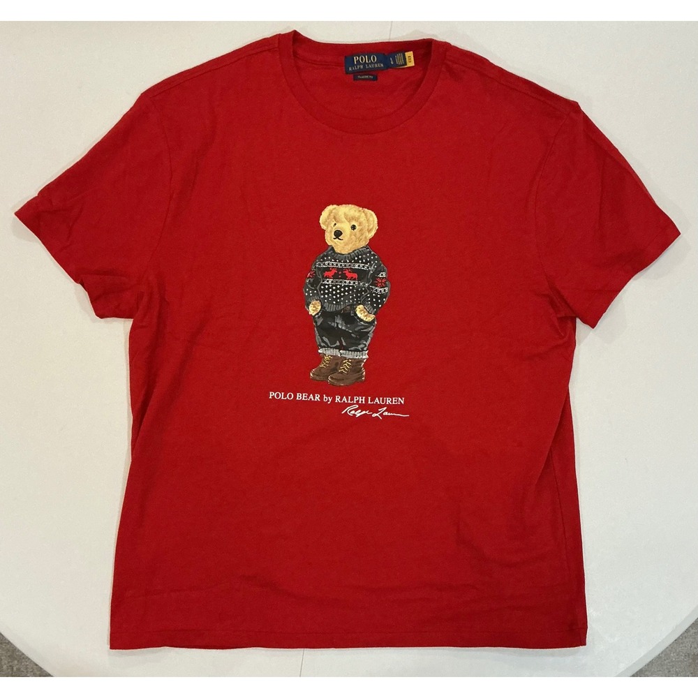 Polo Ralph Lauren Red Polo Bear Classic Fit Winter Holiday Preppy T Shirt Mens L